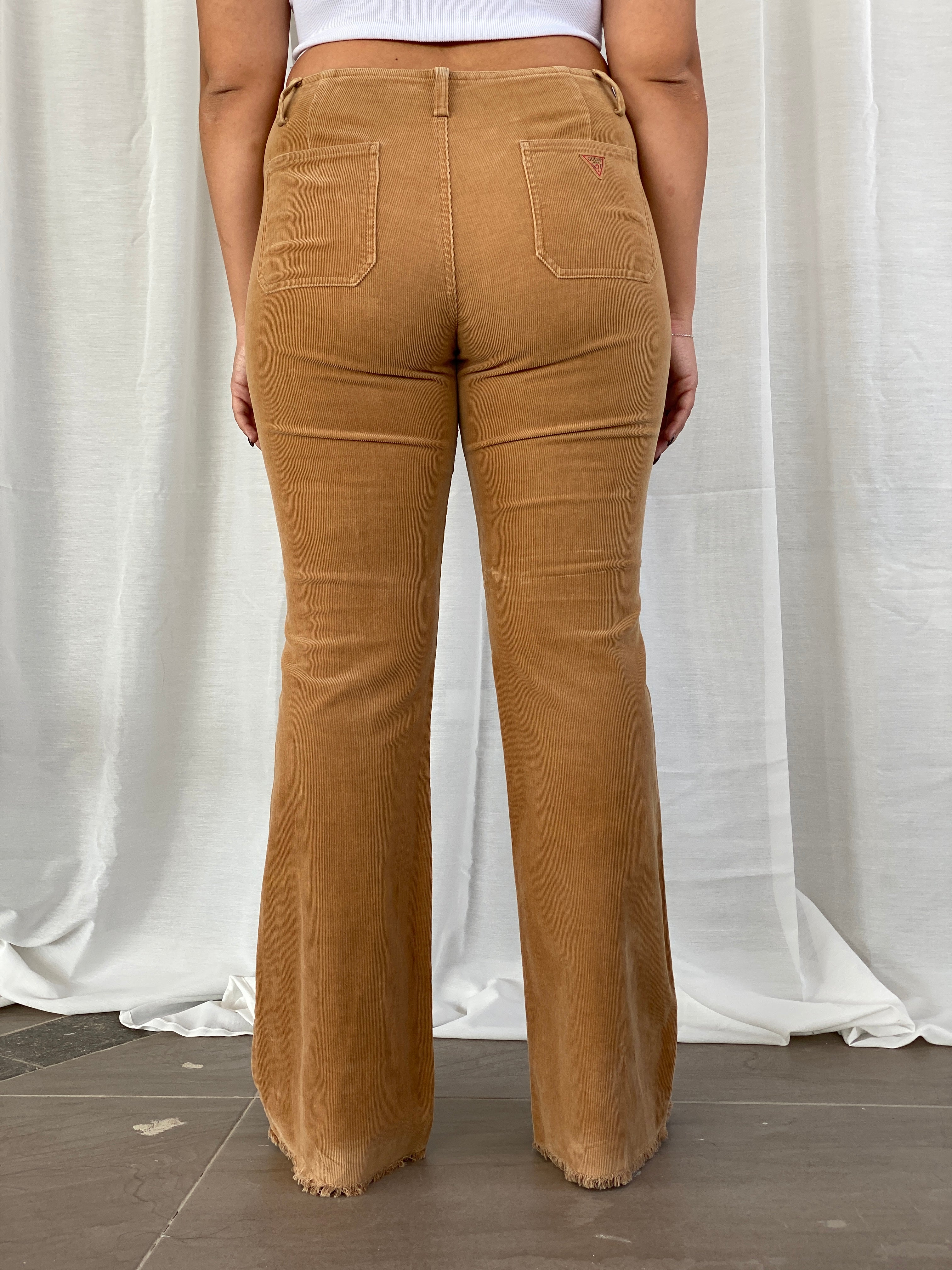 Vintage 90s Guess Jeans Stretch Brown Corduroy Mid Rise Flare Pants - L