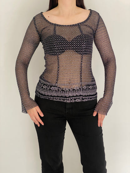 Vintage Y2K Black & Silver Metallic Crochet Mesh Sheer Grunge Top – S