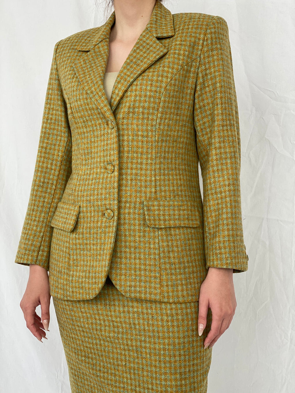 Vintage Handmade Checkered Yellow & Green Wool Blend Blazer Skirt Set - M