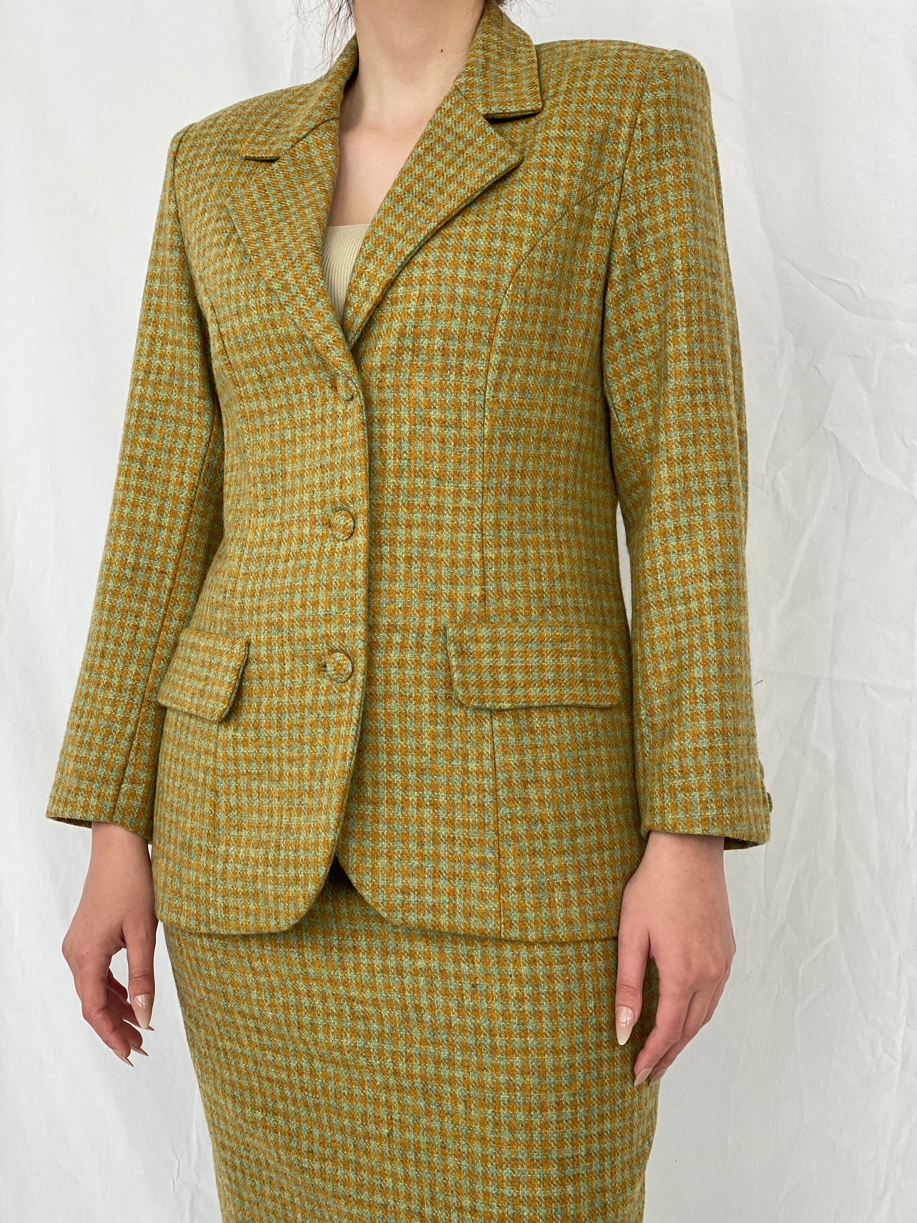 Vintage Handmade Checkered Yellow & Green Wool Blend Blazer Skirt Set - M