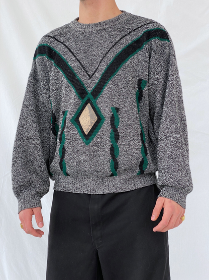 Vintage 90s Italian Wool Blend Grey Green Men’s Crew Neck Knitted Sweater - M