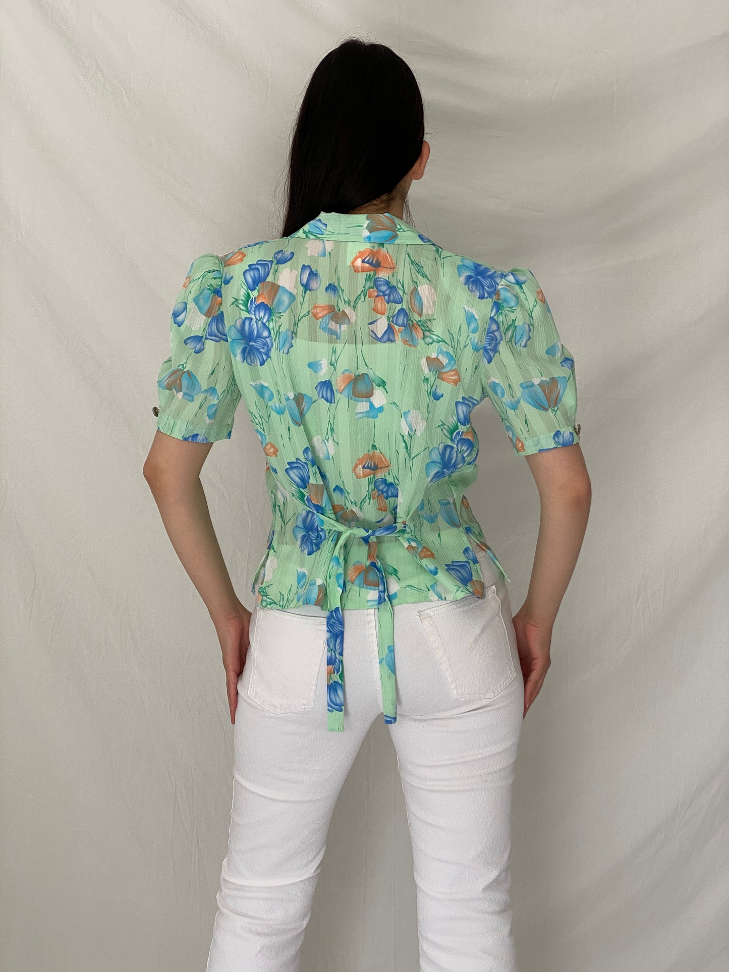 Vintage French Mint Floral Sheer Puff Sleeve Blouse Soft Girl Top – S