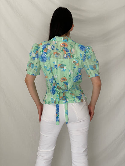 Vintage French Mint Floral Sheer Puff Sleeve Blouse Soft Girl Top – S