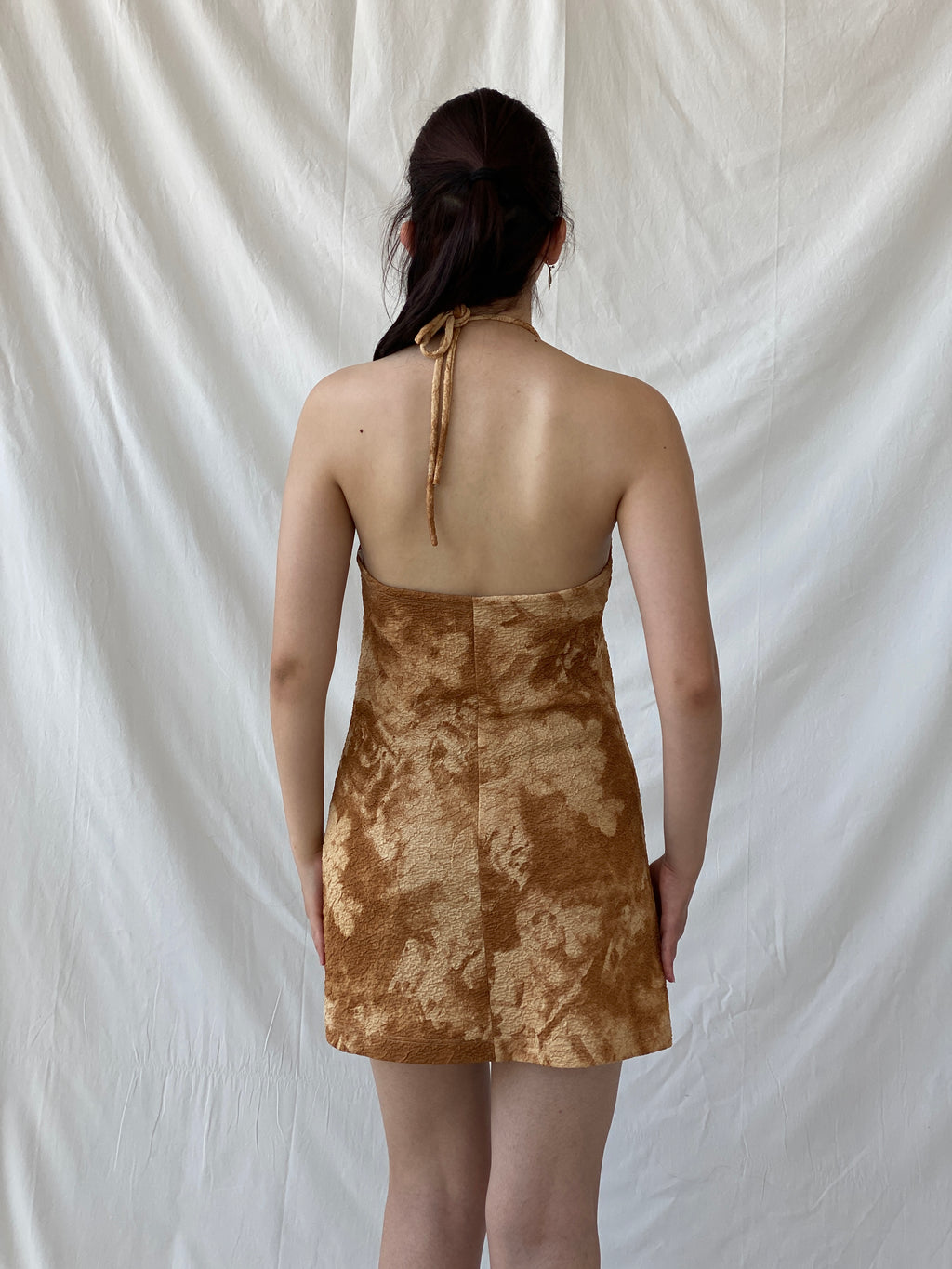 Vintage NICONETTI by Nina’s Fashion Brown Tie-dye Mini Textured Halter Dress - M
