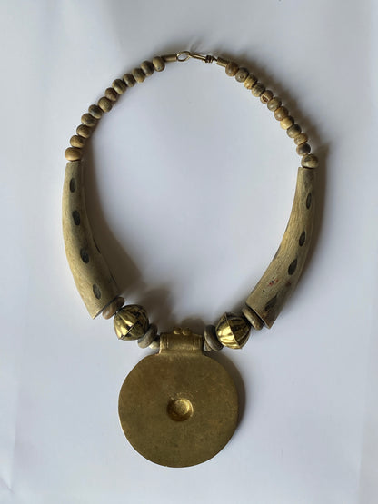 Vintage Boho Ethnic Wood Brass Statement Necklace