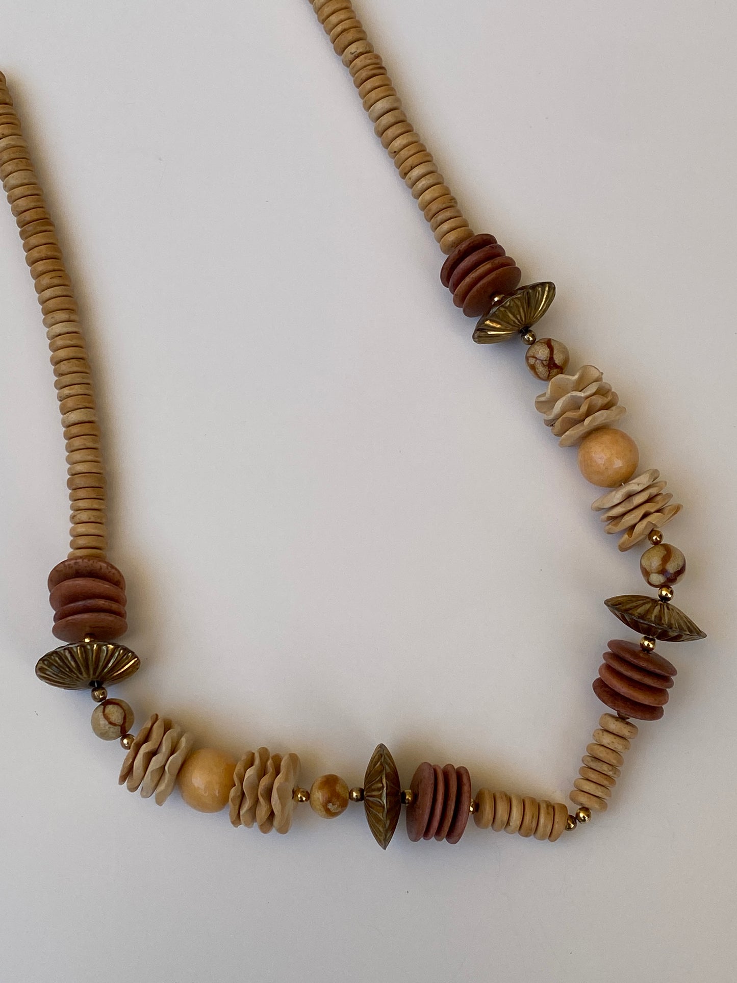 Vintage Earth Tone Beaded Statement Necklace Boho Wooden & Stone Inspired Collar Necklace