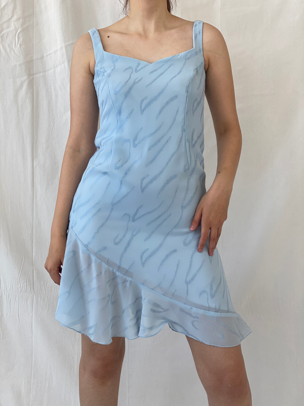 Y2K Handmade Sky Blue Glittery Ruffle Hem Mini Dress - M