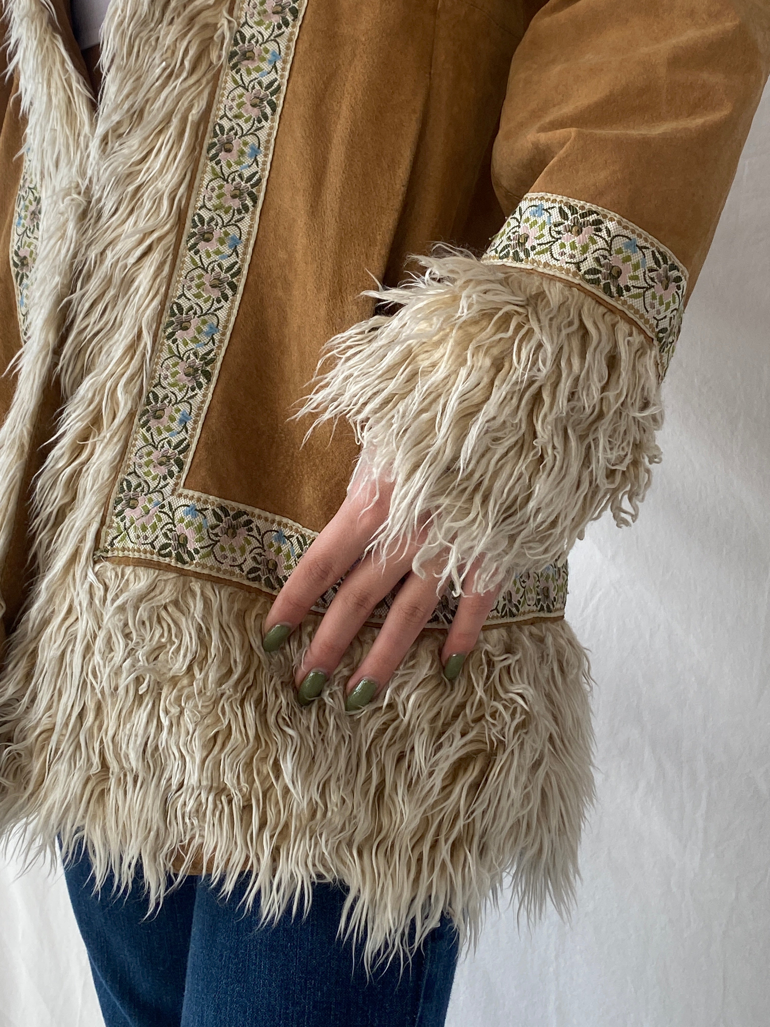 Vintage Y2K Xhilaration Genuine Suede Penny Lane Afghan Style Fur-Lined Floral Embroidered Coat - XL