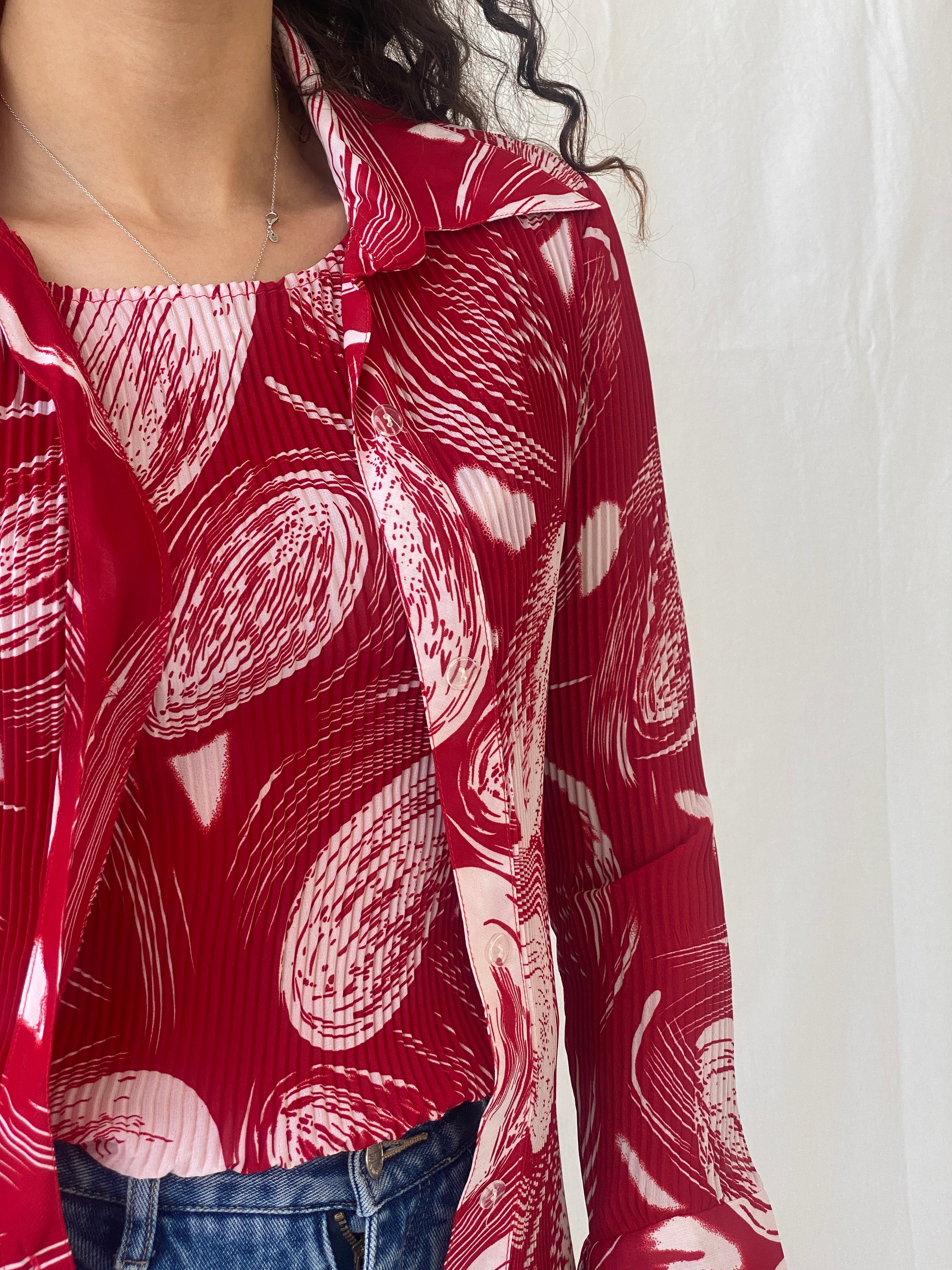 Vintage Jiabin Pleated Red & White Top & Cardigan Women’s Set - M