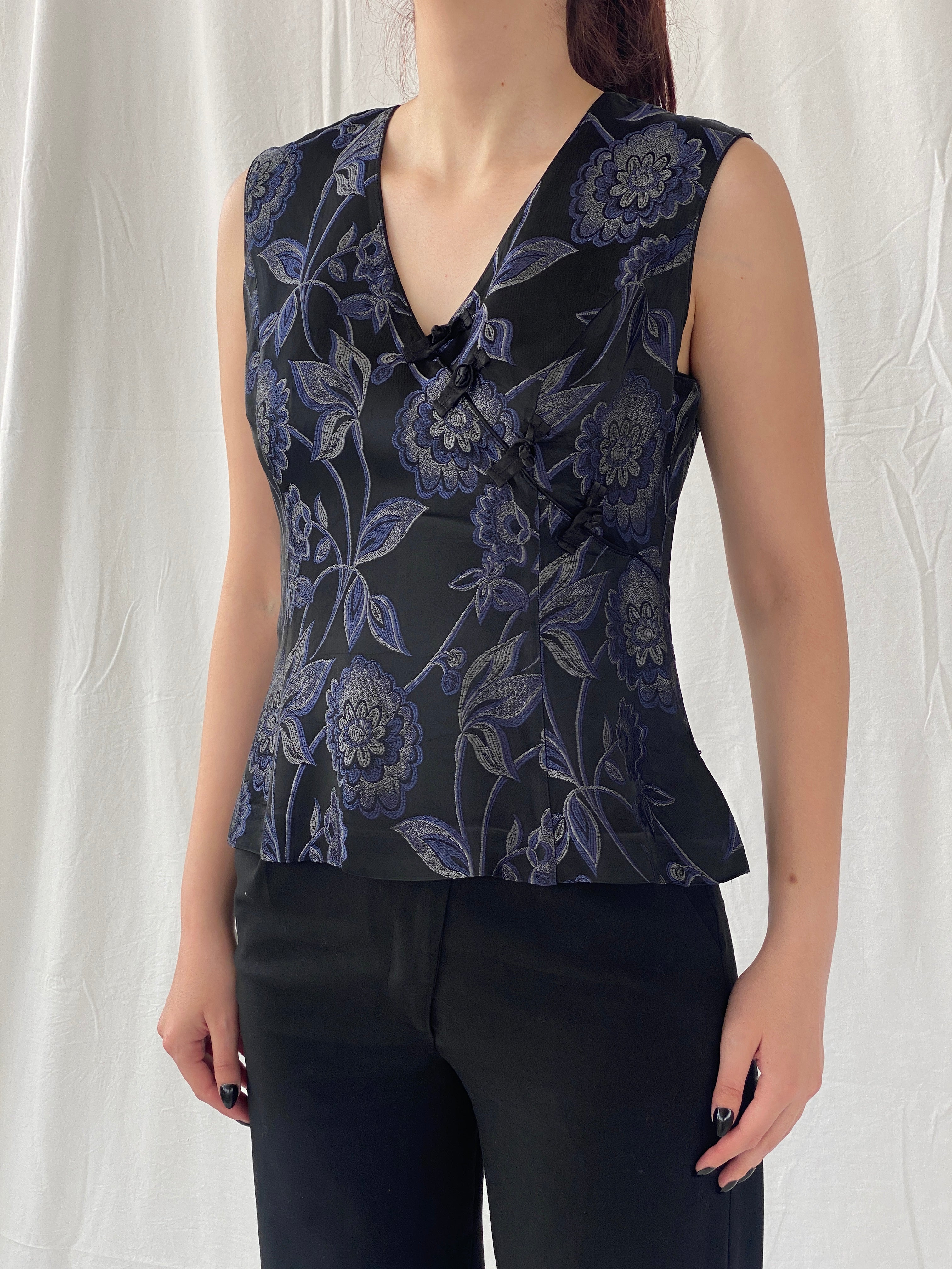 Vintage TINTORETTO Black Blue Floral Sleeveless Wrap Blouse Chinese Brocade Top - L