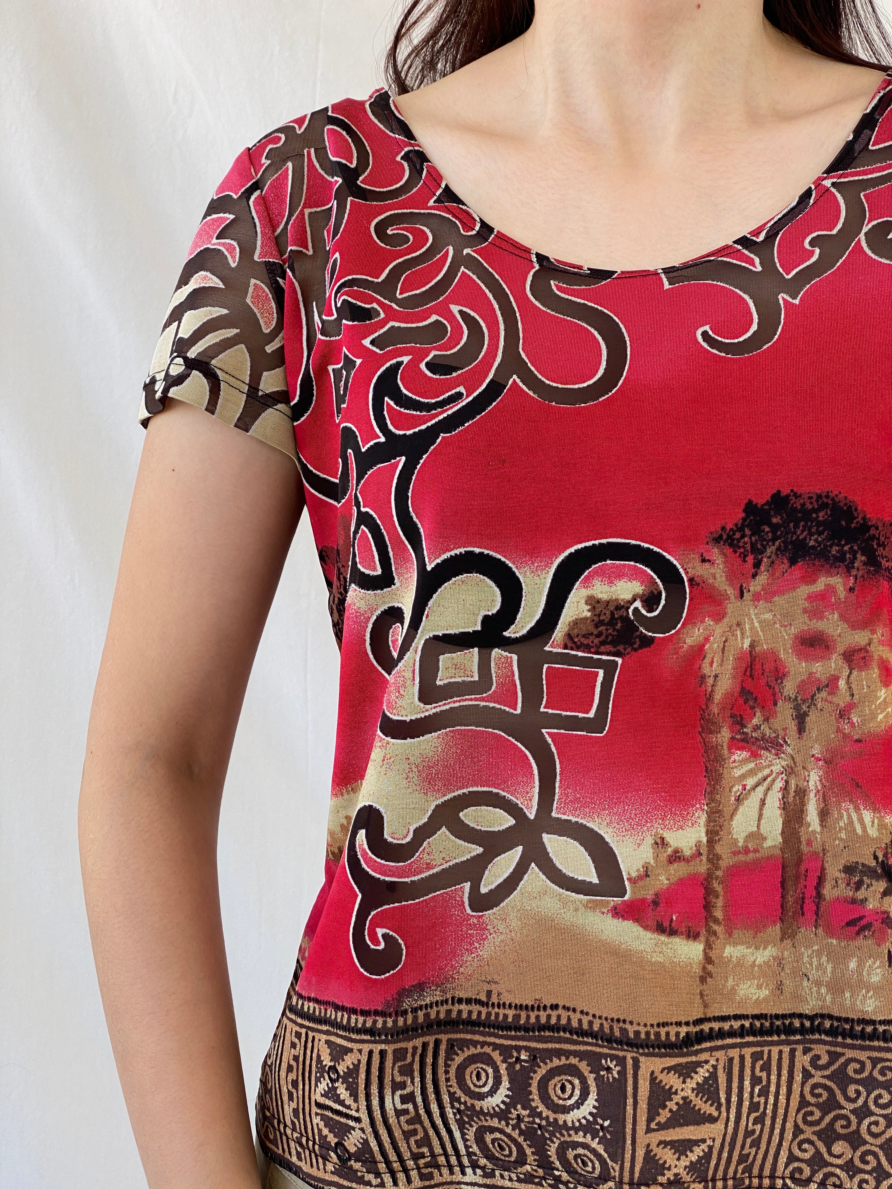 Vintage 90s Alma Ducal Graphic Red Semi Sheer Desert Print Mesh Top - XL