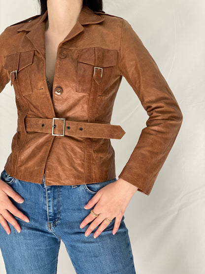 Vintage Y2K Influence Paris Brown Genuine Leather Fitted Belted Jacket - S