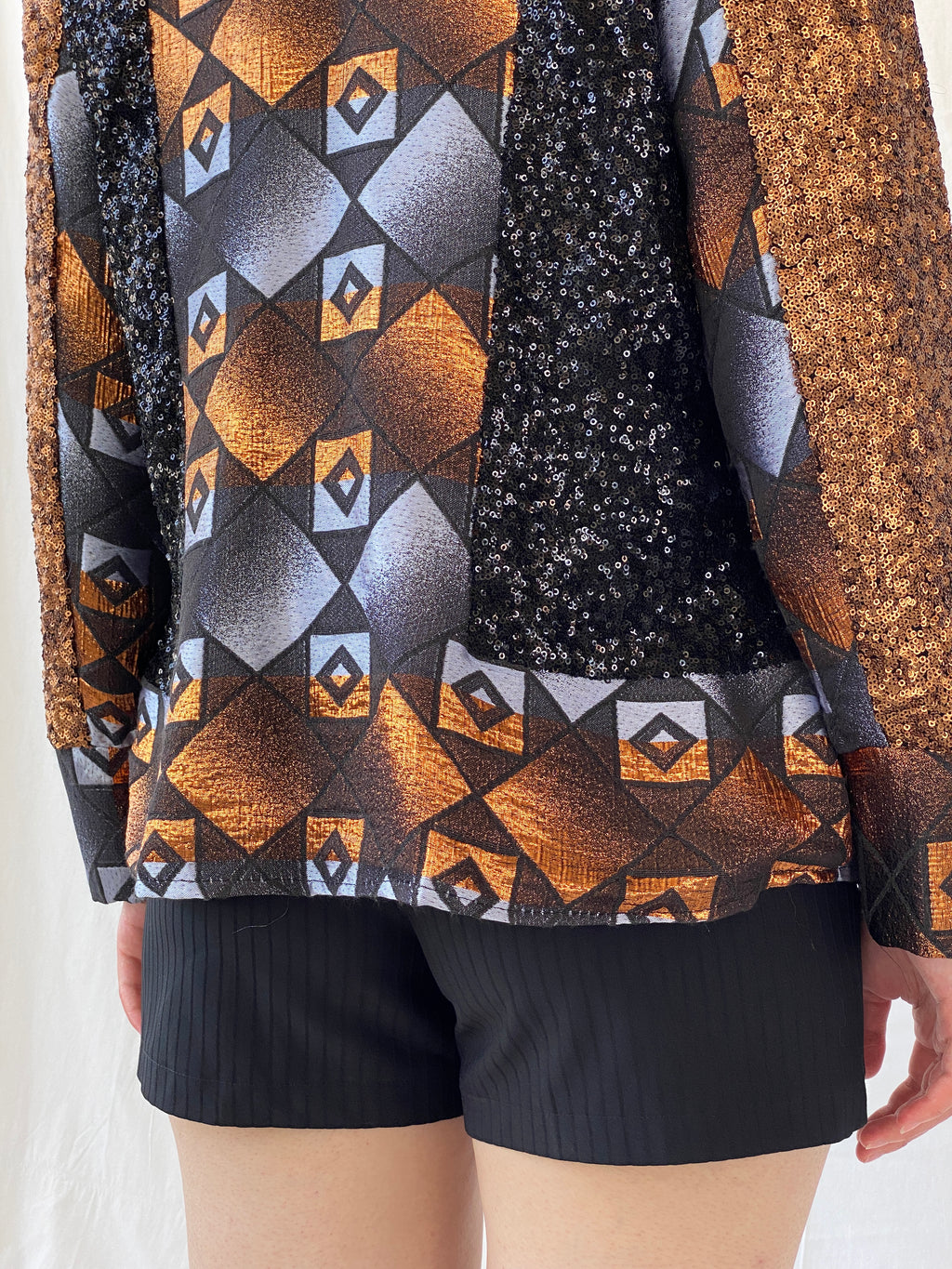 Vintage Geometric Sequin Blazer – Bronze, Black & Silver Statement Jacket - M