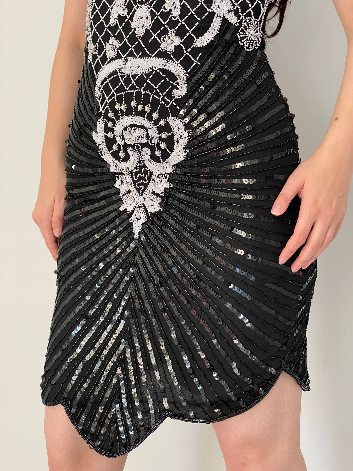 Vintage 80s Laurence Kazar Black & White Silk Beaded Sequin Cocktail Dress - M