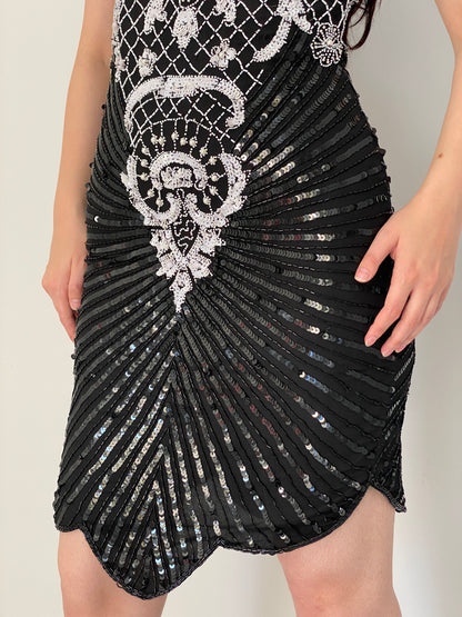 Vintage 80s Laurence Kazar Black & White Silk Beaded Sequin Cocktail Dress - M