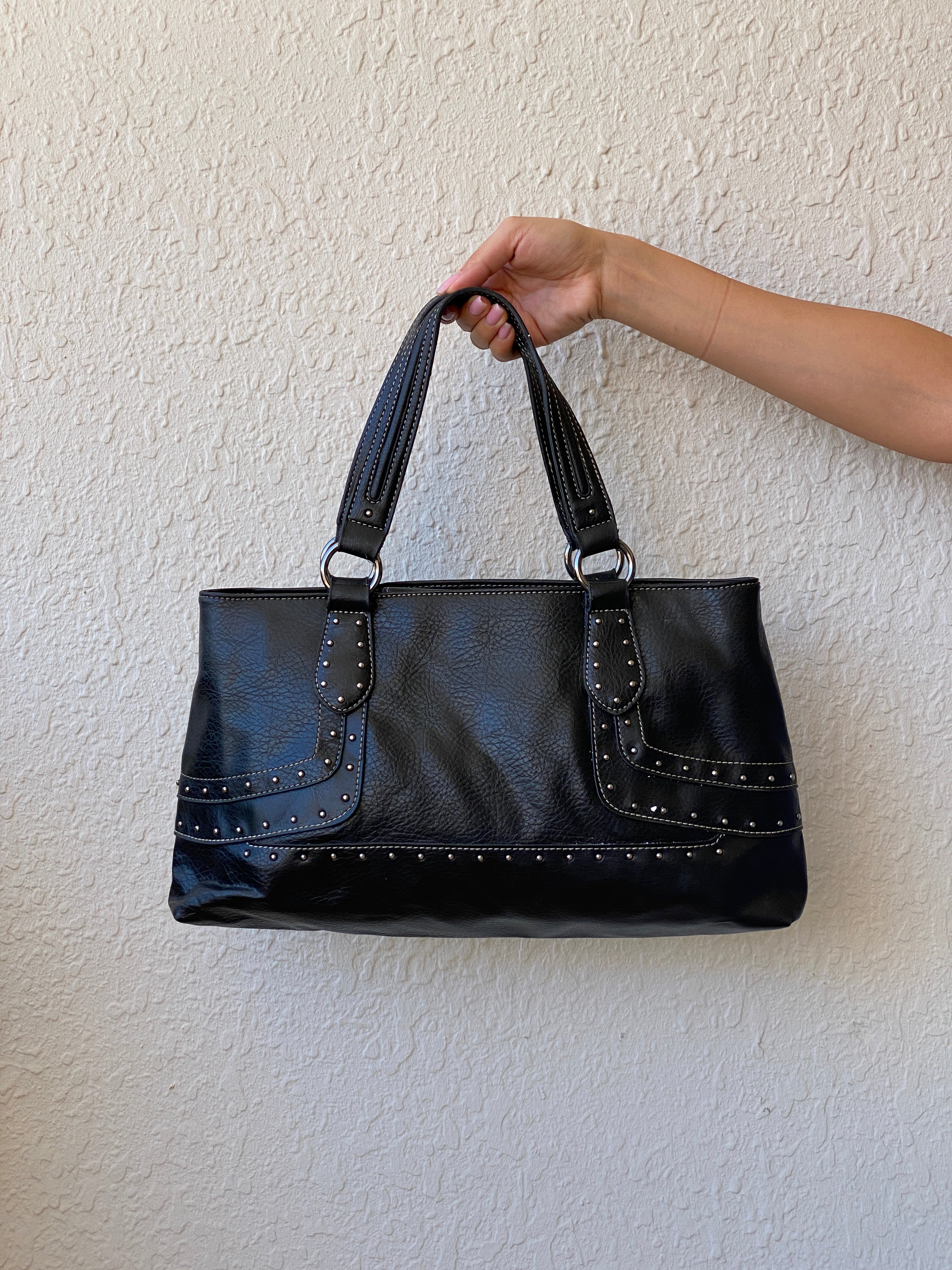 Nine West Faux Leather Studded Black Satchel Purse Women’s Shoulder Bag