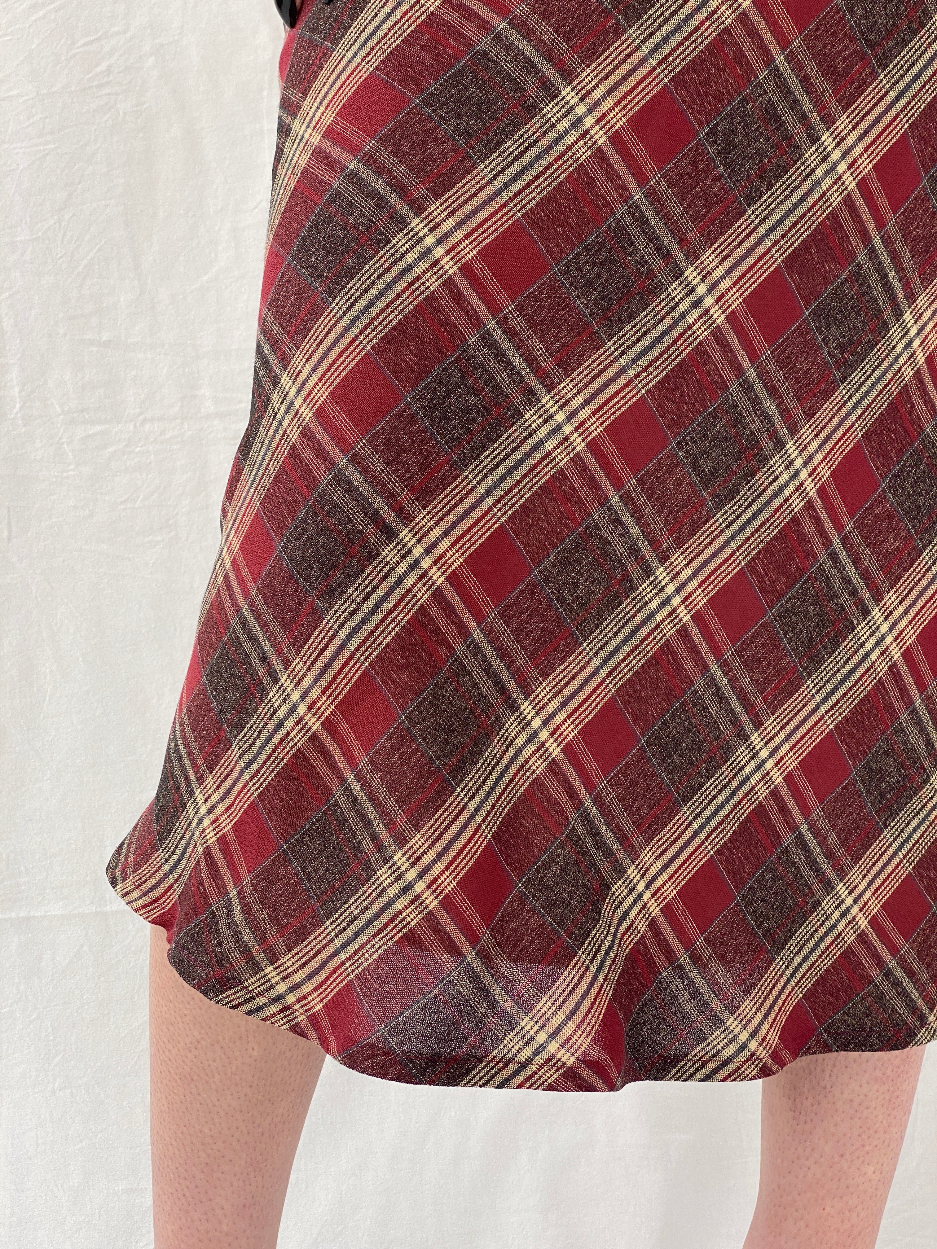 Vintage Handmade Maroon Plaid Flannel Tartan Midi Skirt - M