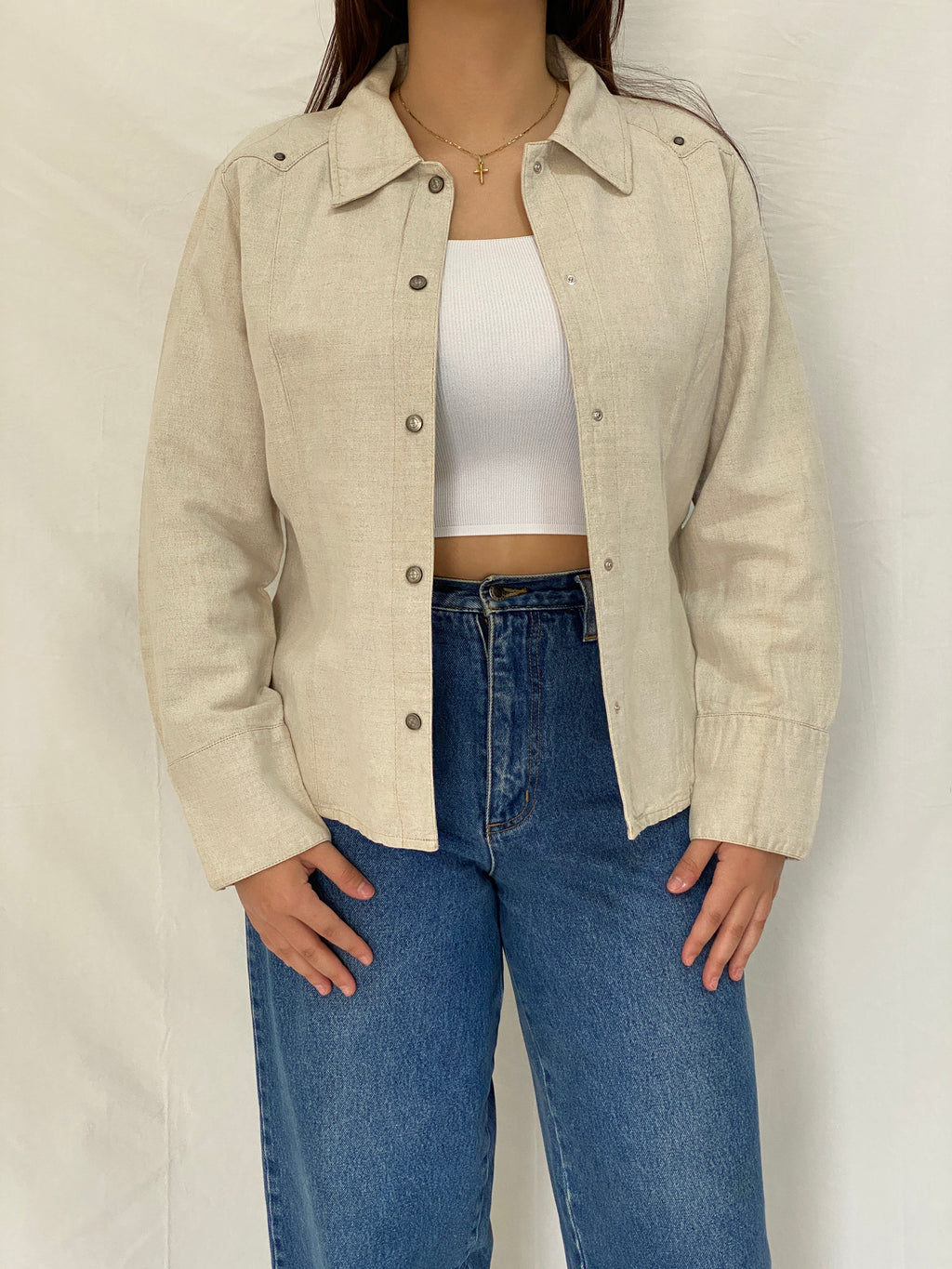 Vintage Y2K Zaffiri Beige Linen Blend Lace-Up Back Western Shirt - L