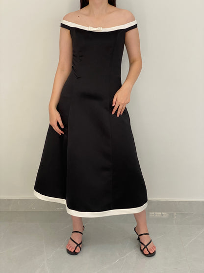 Vintage Jessica McClintock Black & White Satin Off-Shoulder Formal Dress – S