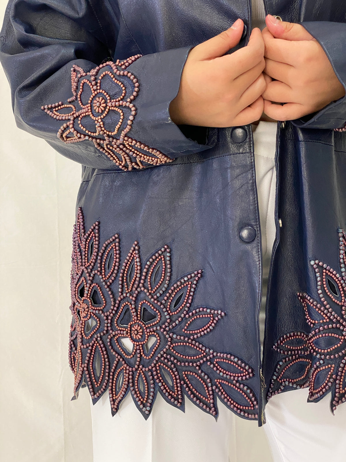 Vintage KOSHAR Genuine Leather Duster Coat Navy Beaded Cut-Out Floral Jacket - XL Vintage KOSHAR Genuine Leather Duster Coat Navy Beaded Cut-Out Floral Jacket - XL