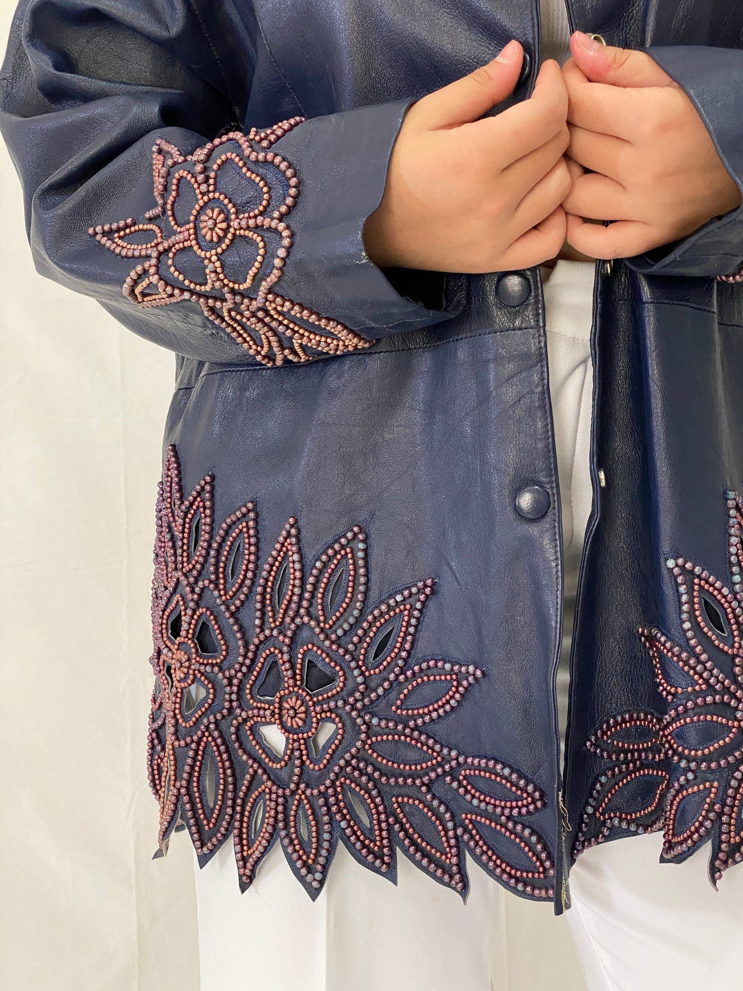 Vintage KOSHAR Genuine Leather Duster Coat Navy Beaded Cut-Out Floral Jacket - XL