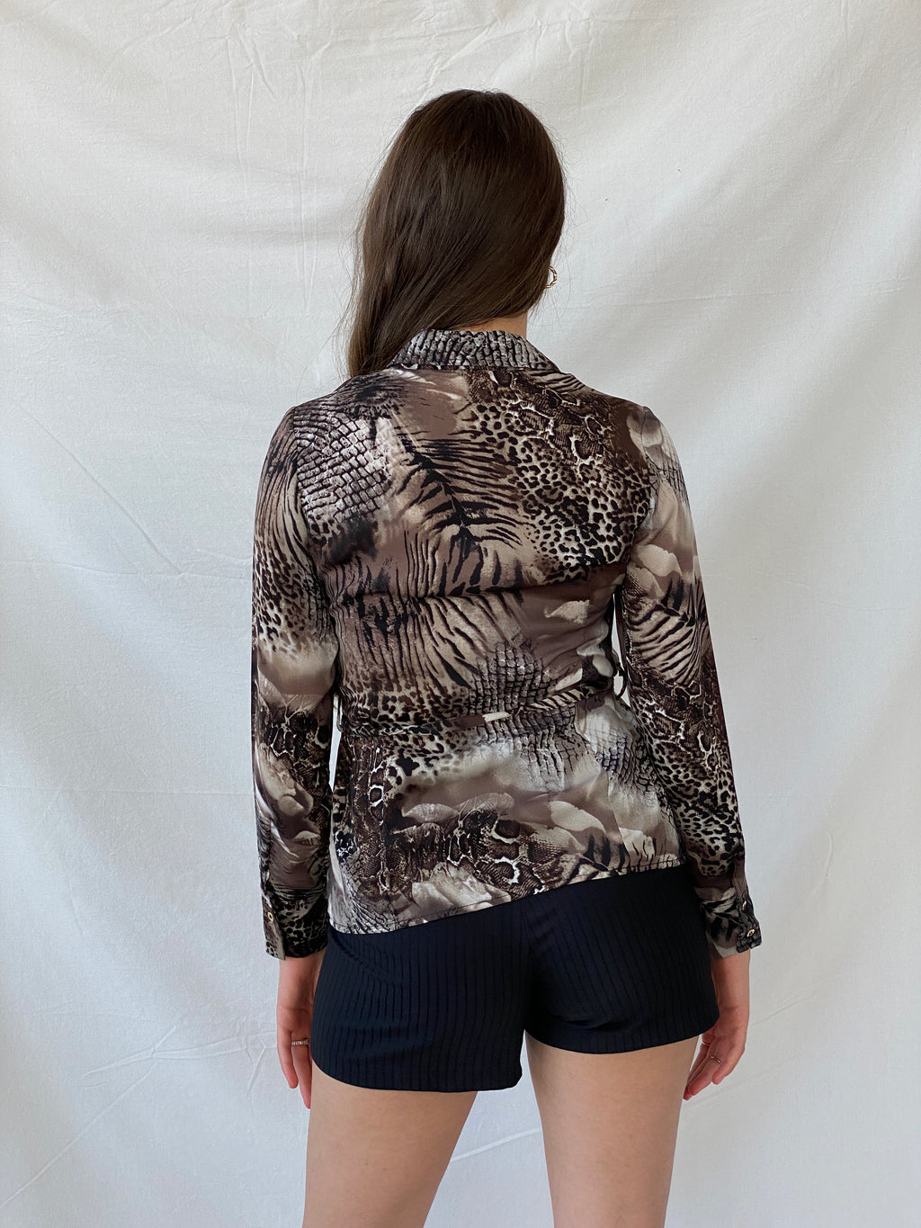 Y2K Festa Animal Print Long Sleeve Tie Waist Gold Buttoned Shirt - M