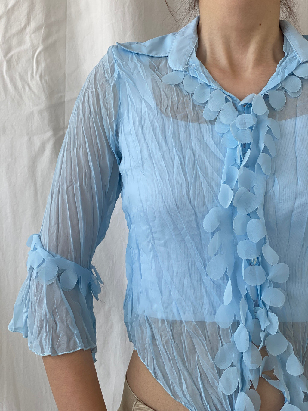 Vintage Y2K Smart Women Blue Ruffled Sheer Romantic Cardigan Shirt - M