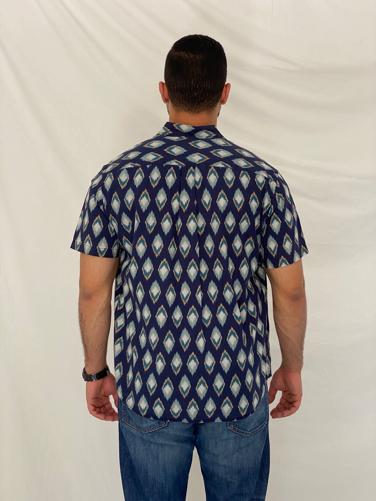Vintage Y2K Old Navy Blue Ikat Print Button-Down Shirt - L