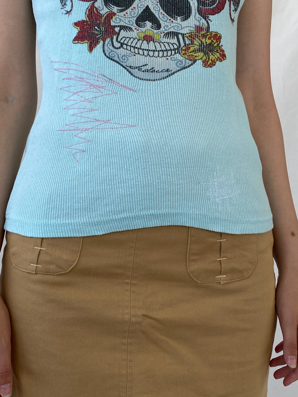 Y2K Seduce Blue Graphic Ribbed Tank Top - S