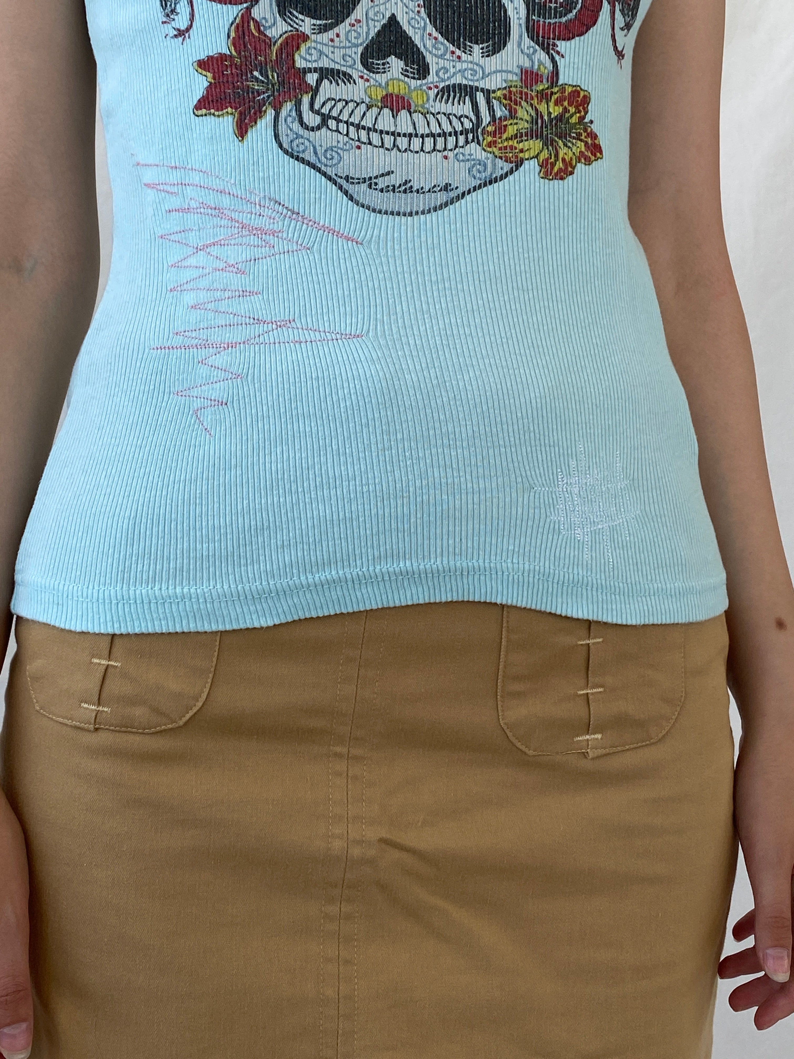 Y2K Seduce Blue Graphic Ribbed Tank Top - S