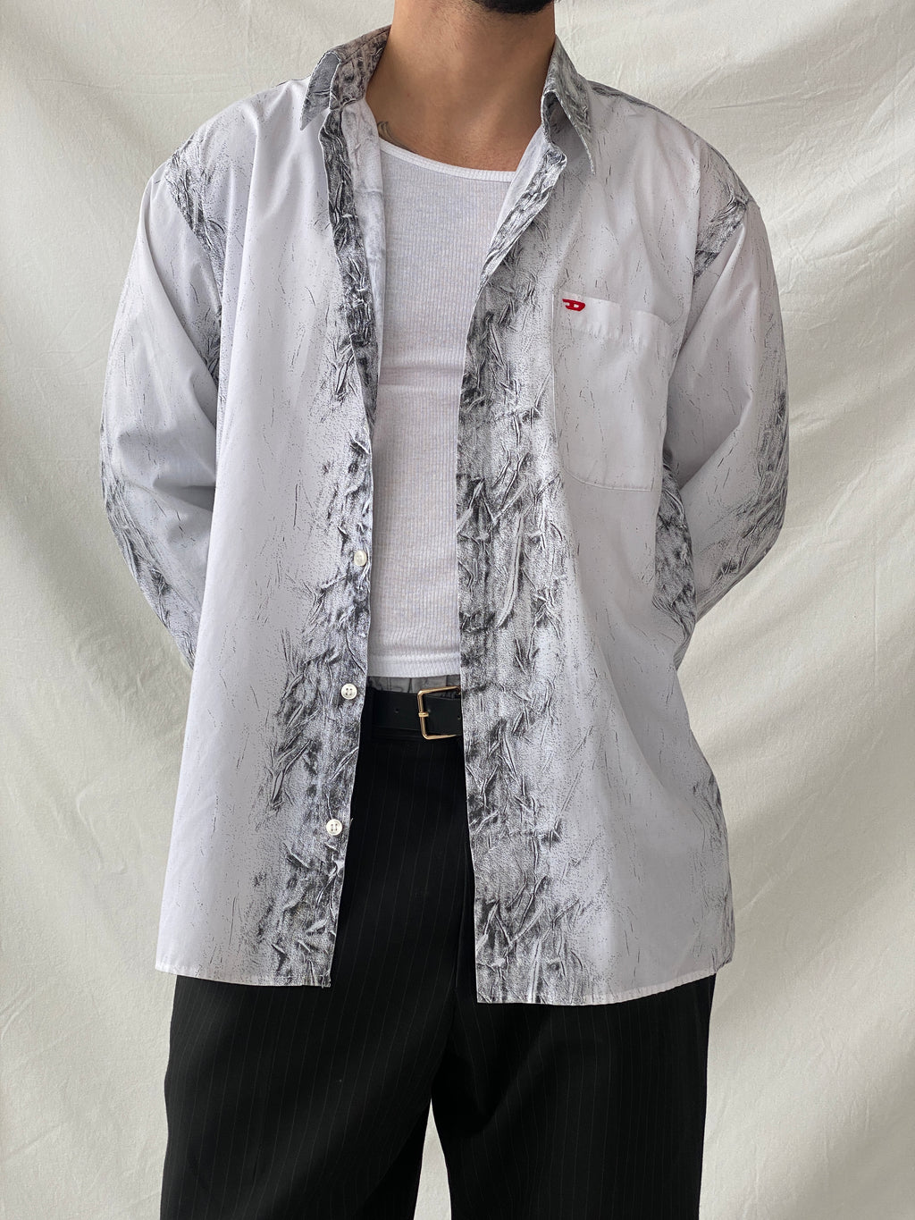 قميص جينز أفانت جارد رجالي بأكمام طويلة وأزرار من ديزل Y2K - مقاس كبير