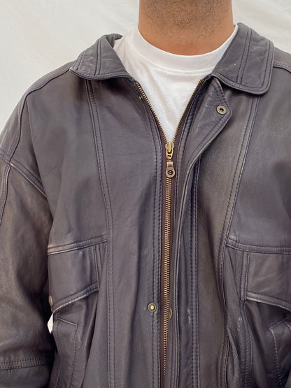 Vintage Oversized Genuine Leather Bomber Jacket in Dark Plum Brown – L