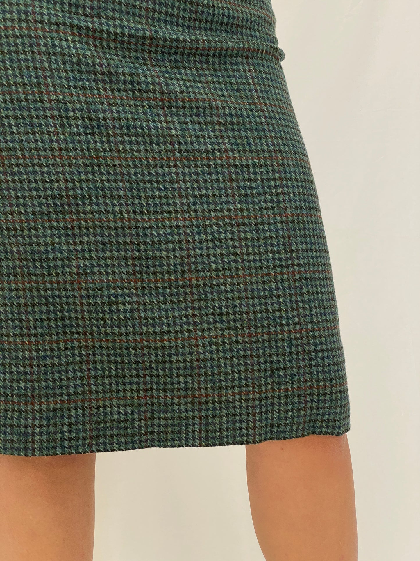 Vintage Handmade Green Plaid Houndstooth Pencil Skirt Classic Knee-Length Skirt - M