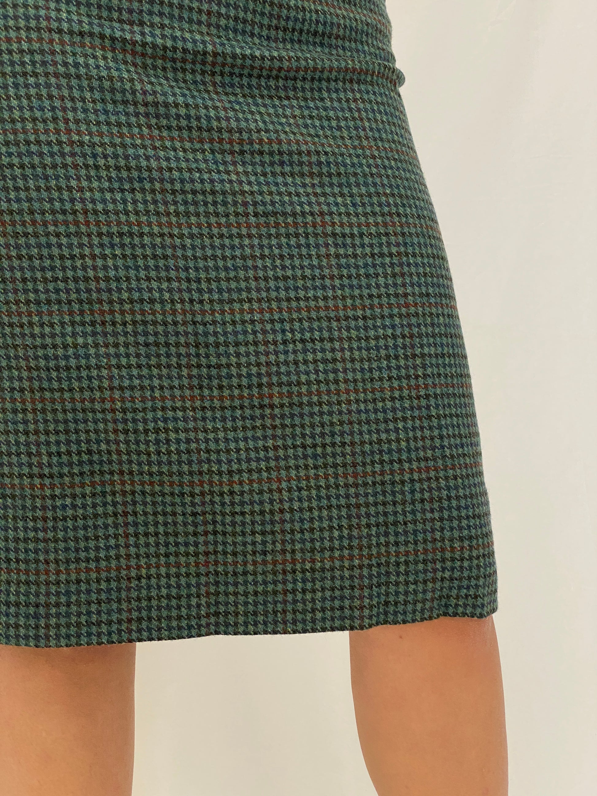 Vintage Handmade Green Plaid Houndstooth Pencil Skirt Classic Knee-Length Skirt - M Vintage Handmade Green Plaid Houndstooth Pencil Skirt Classic Knee-Length Skirt - M