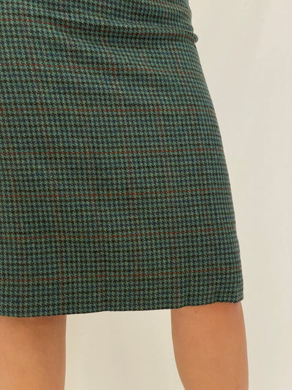 Vintage Handmade Green Plaid Houndstooth Pencil Skirt Classic Knee-Length Skirt - M