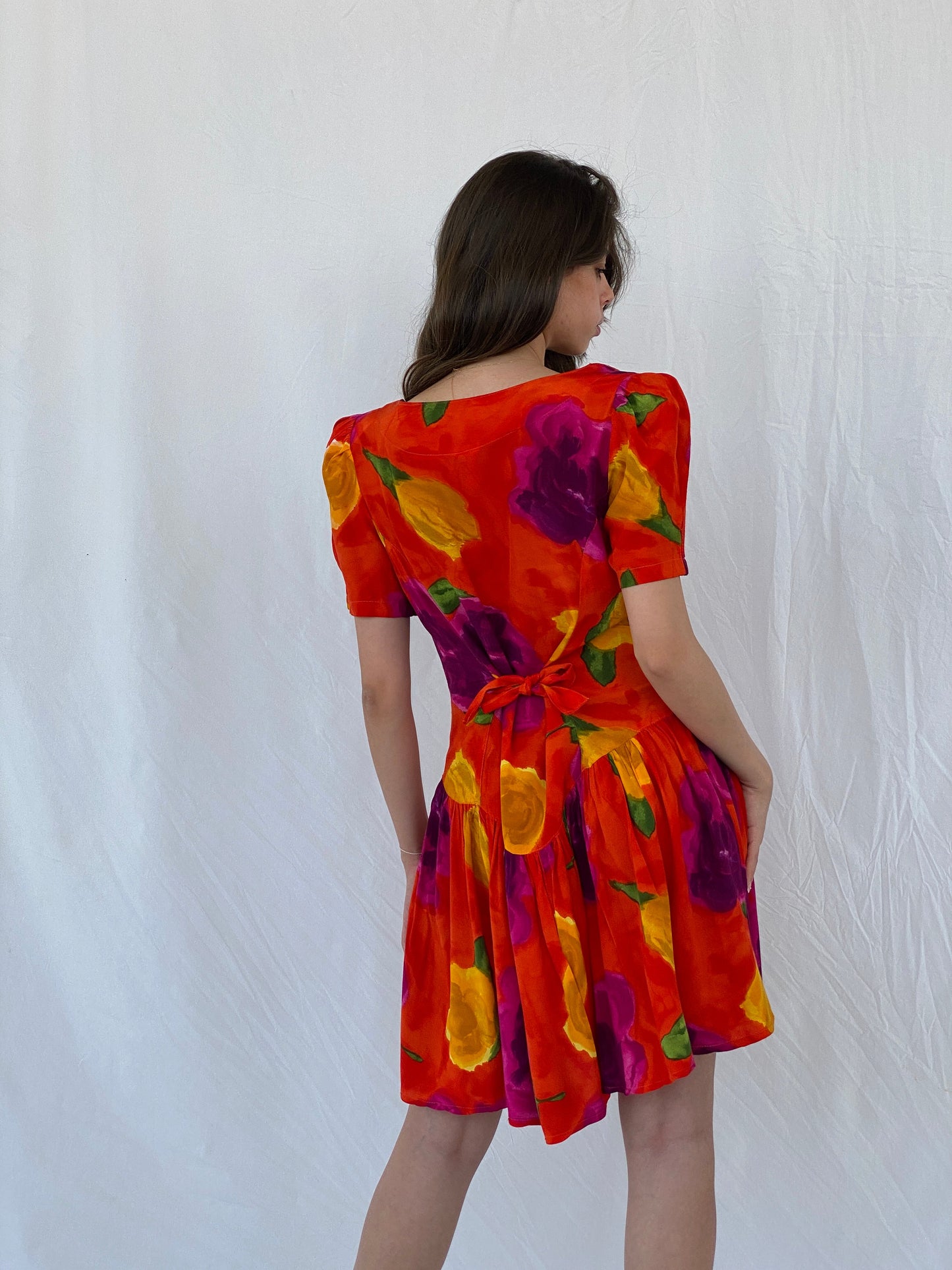 Vintage 80s La Li T Orange Floral Midi Dress - L