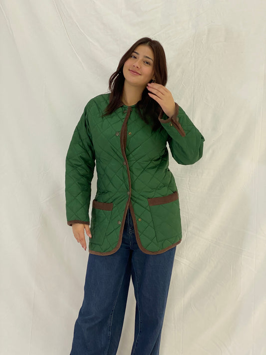 Vintage Green Quilted Nylon Jacket with Brown Corduroy Trim – S