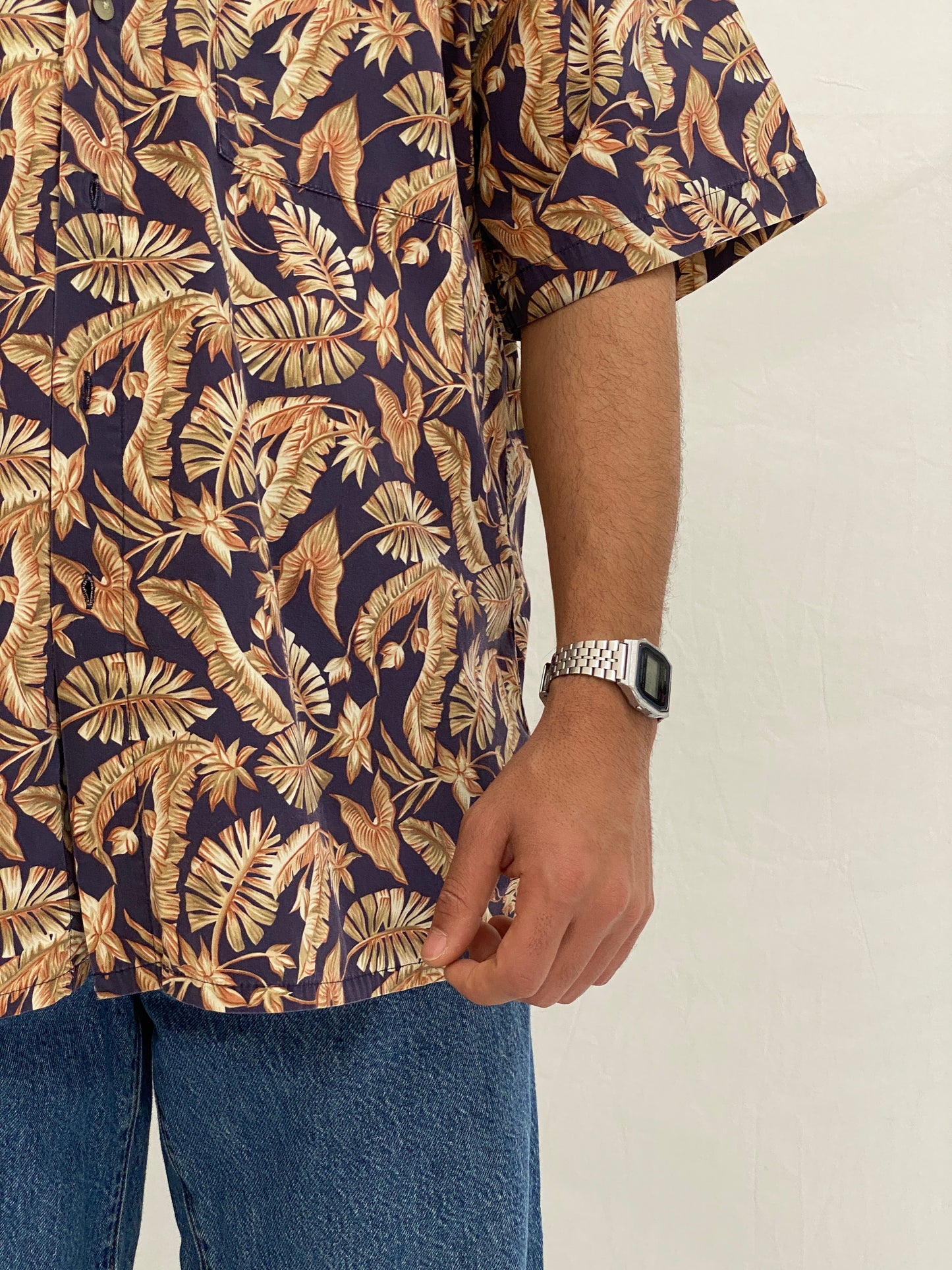 Vintage Pierre Cardin Tropical Leaf Print Hawaiian Shirt Cotton Resort Shirt - L