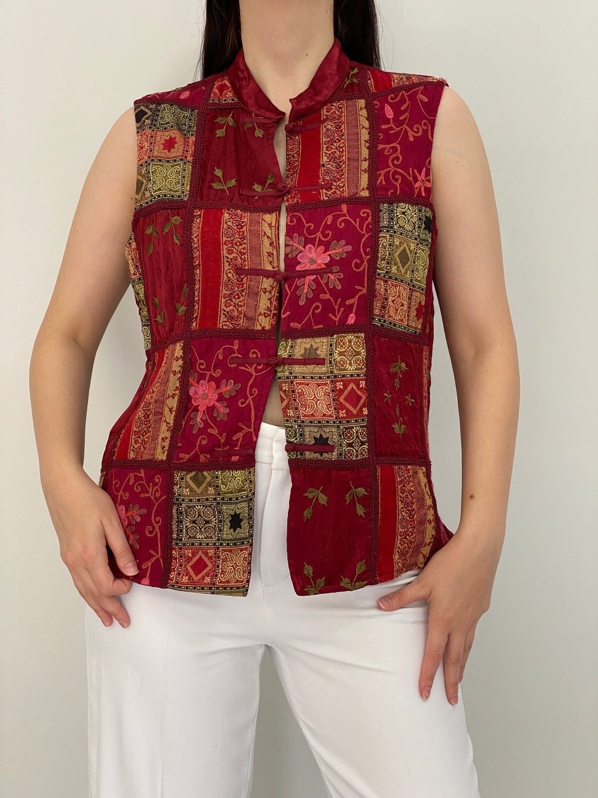 Vintage 90s Coldwater Creek Burgundy Patchwork Embroidered Vest - M