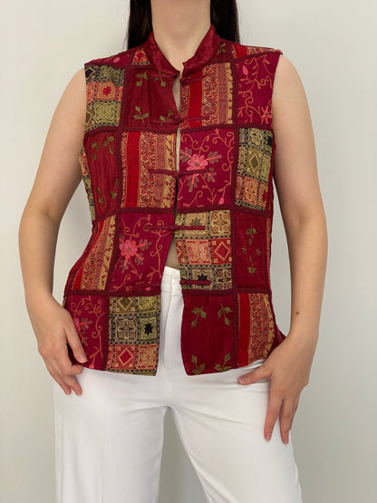 Vintage 90s Coldwater Creek Burgundy Patchwork Embroidered Vest - M