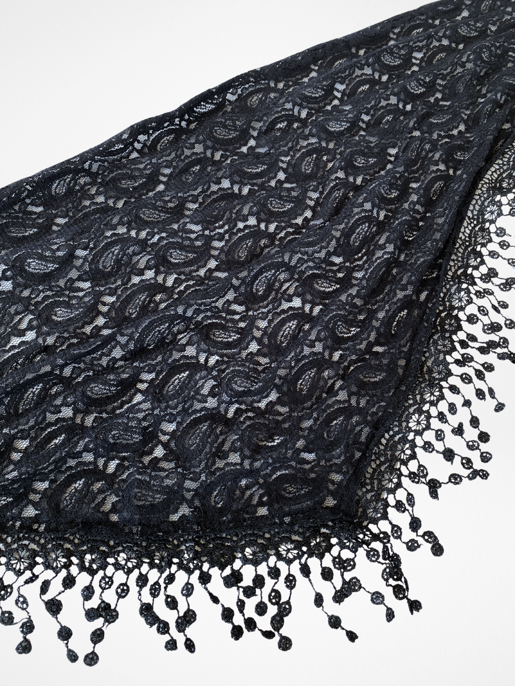 OIS Black Lace Triangle Scarf Sheer Fringed Evening Shawl / Headscarf