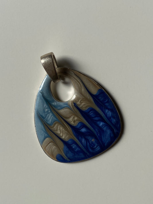 Vintage Abstract Enamel Pendant – Blue & Gray Modernist Silver-Tone Statement Necklace Charm