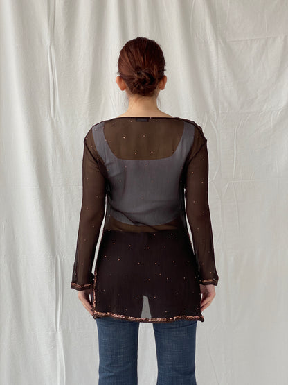 Subtle Luxury Autograph by Marks & Spencer Brown Sheer Silk Sequin Tunic Top Blouse - L