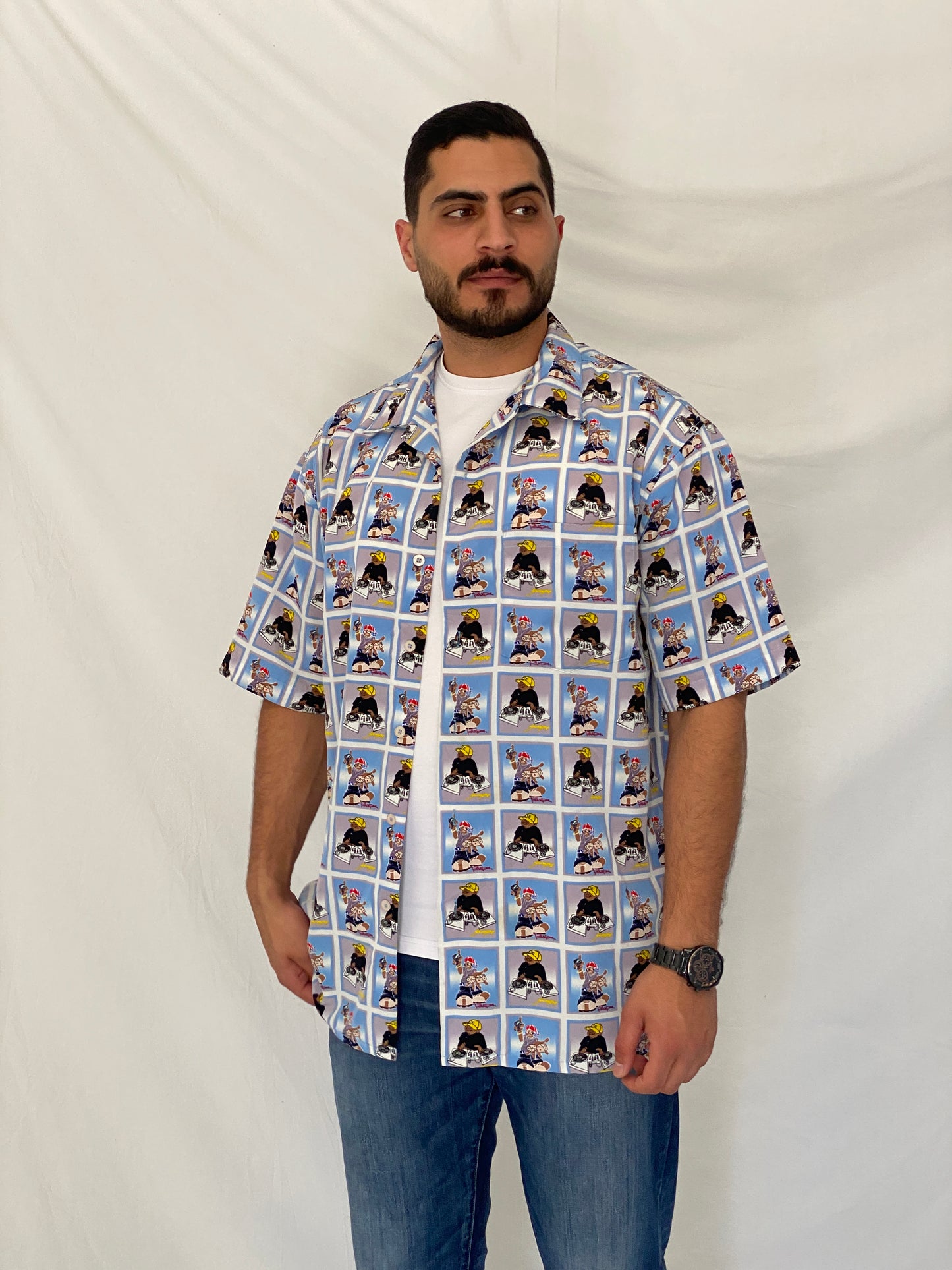 Y2K Blue Boy Hip-Hop Cartoon  Light Blue Graphic Shirt – L