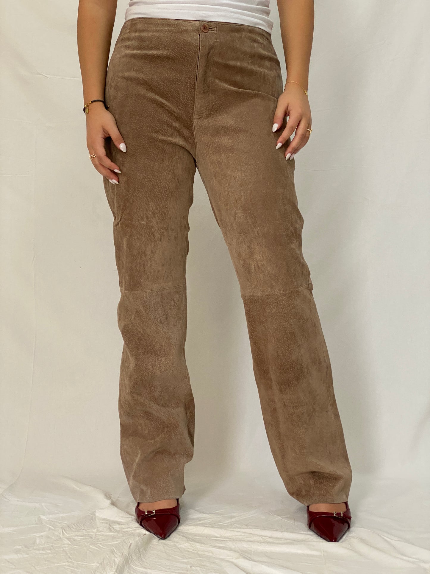 Vintage Live a Little Genuine Suede Pants Tan High-Waist Straight-Leg Trousers- L