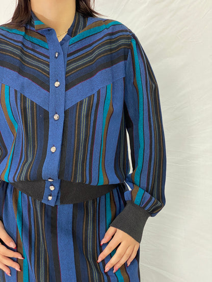 Vintage Pure Wool Sporting Dress Skirt & Jacket Set Blue Striped Two-Piece Set - L