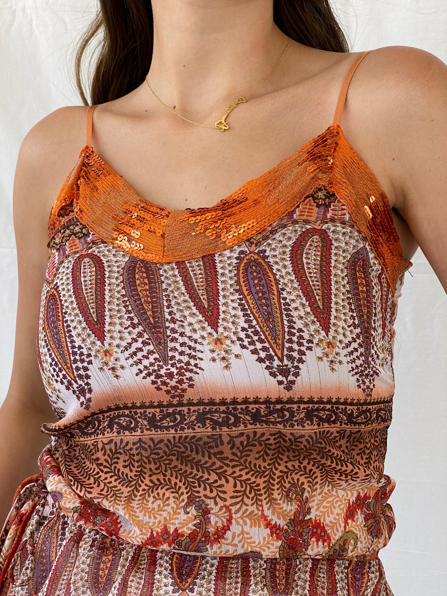 Vintage 00s Vanity Orange Paisley Print Top With Sequins Details - S