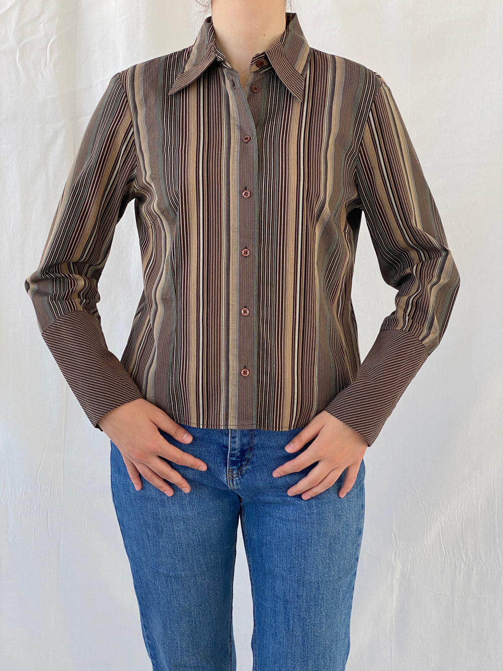 Vintage Taifun Collection Striped Brown Long Sleeve Office Shirt - M