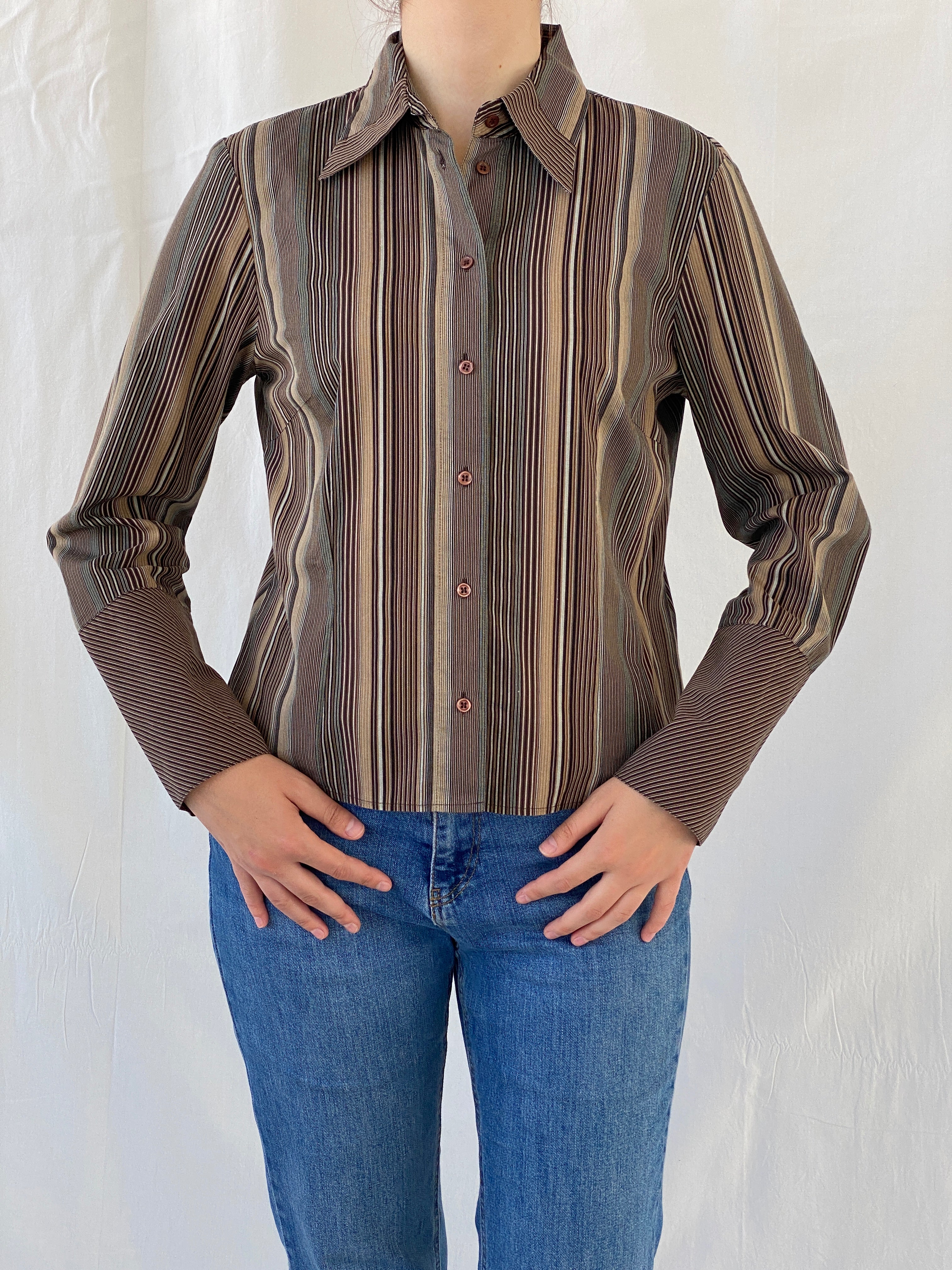 Vintage Taifun Collection Striped Brown Long Sleeve Office Shirt - M