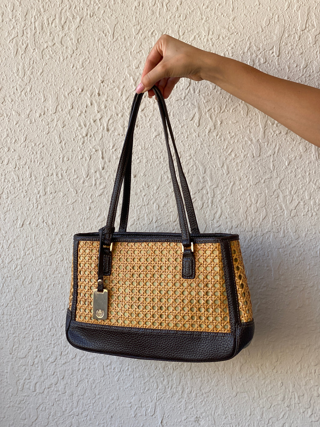 Liz Claiborne Woven Rattan Vegan Brown Leather Straw Shoulder Bag